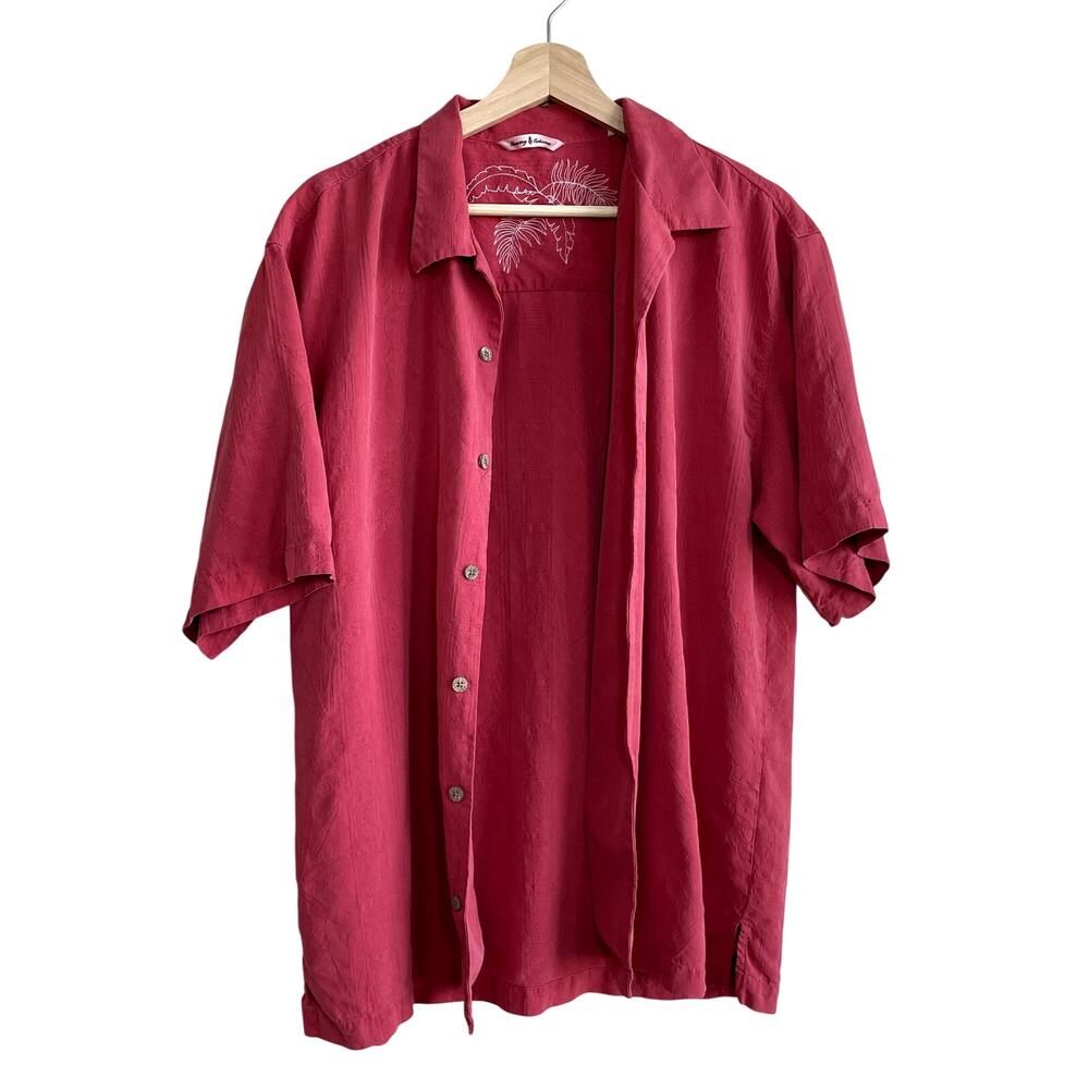 Tommy Bahama 100% silk coral red short sleeved button down t-shirt men's L